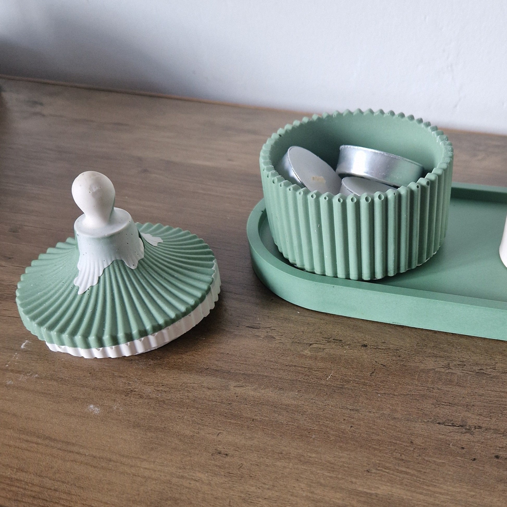 Paris Green Ribbed Trinket Pot with Lid with a Tealight holder and Oval Tray