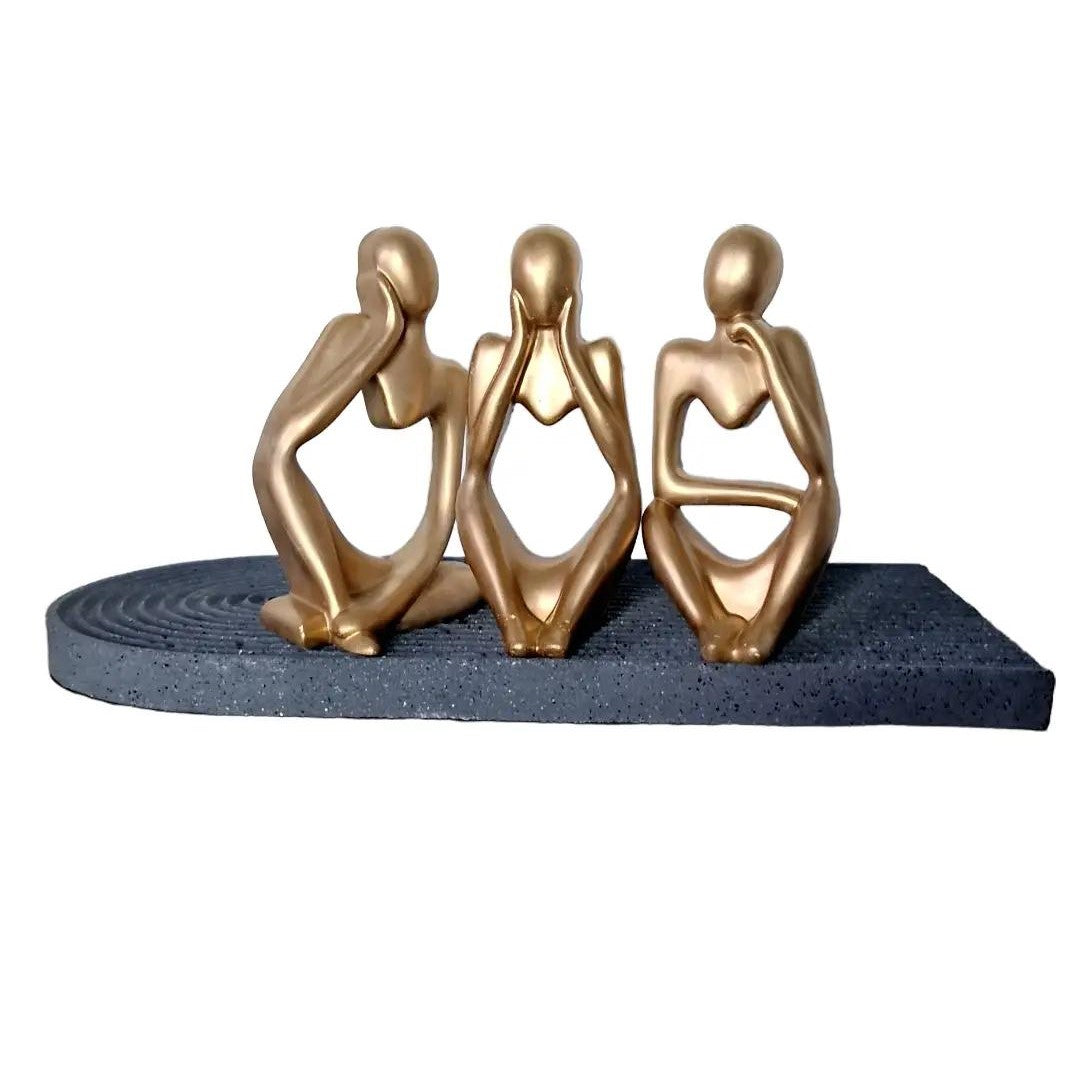 Jesmonite Abstract Thinker Statue Set of 3 in Brushed Gold on Black Granite Arch Tray