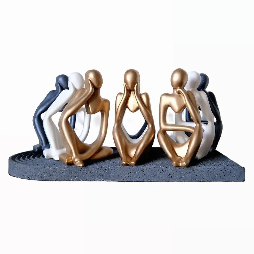 Jesmonite Abstract Thinker Statue Set of 3 in Gold, White and Shimmer Grey on Black Granite Arch Tray