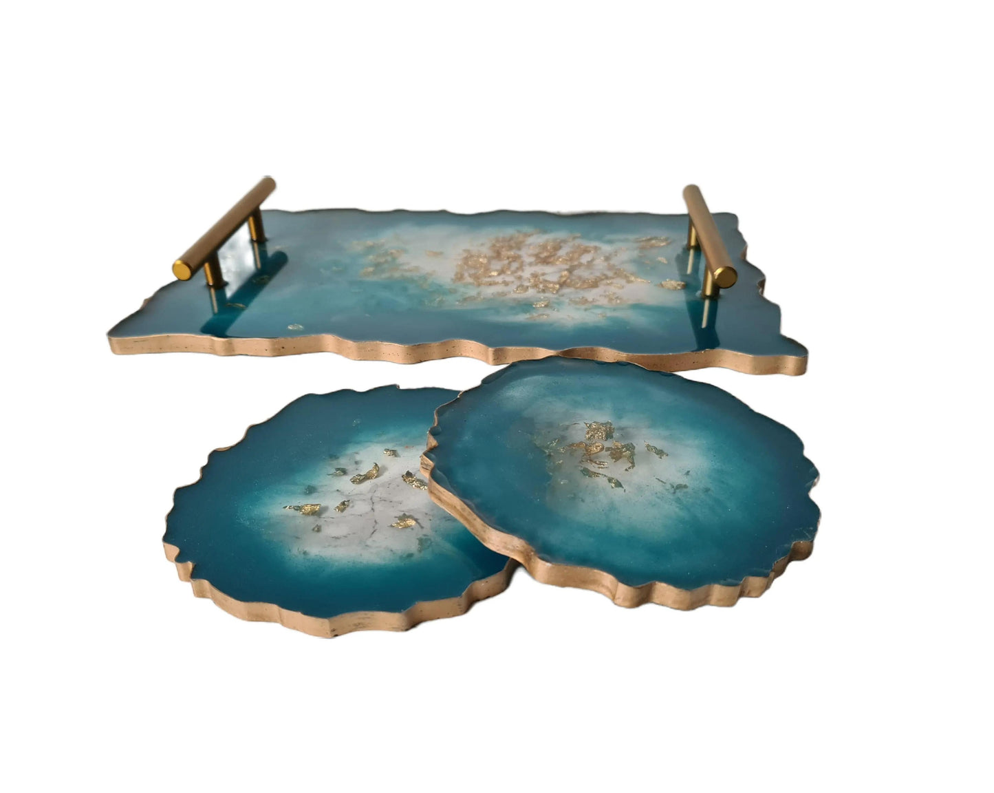 Round Agate Deep Turquoise Pink & Gold Coaster Set and Tray