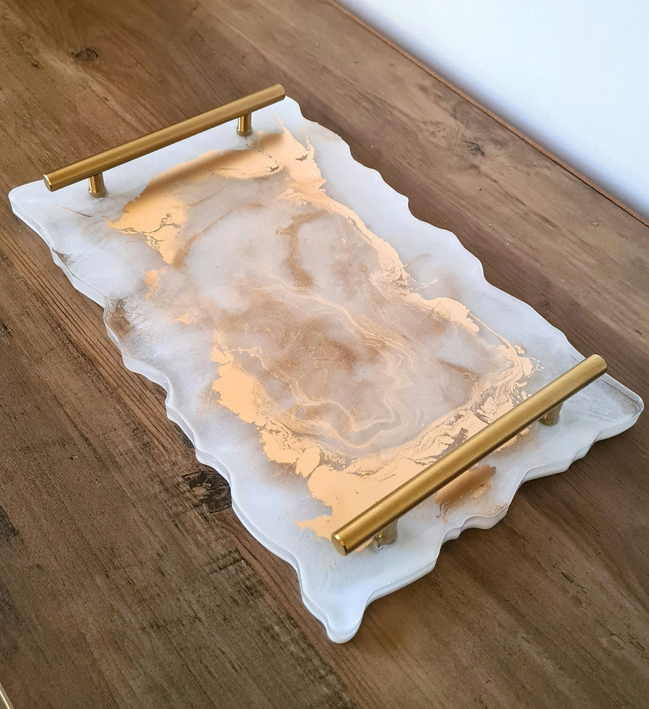 Metallic Gold & White Marbled Agate Tray